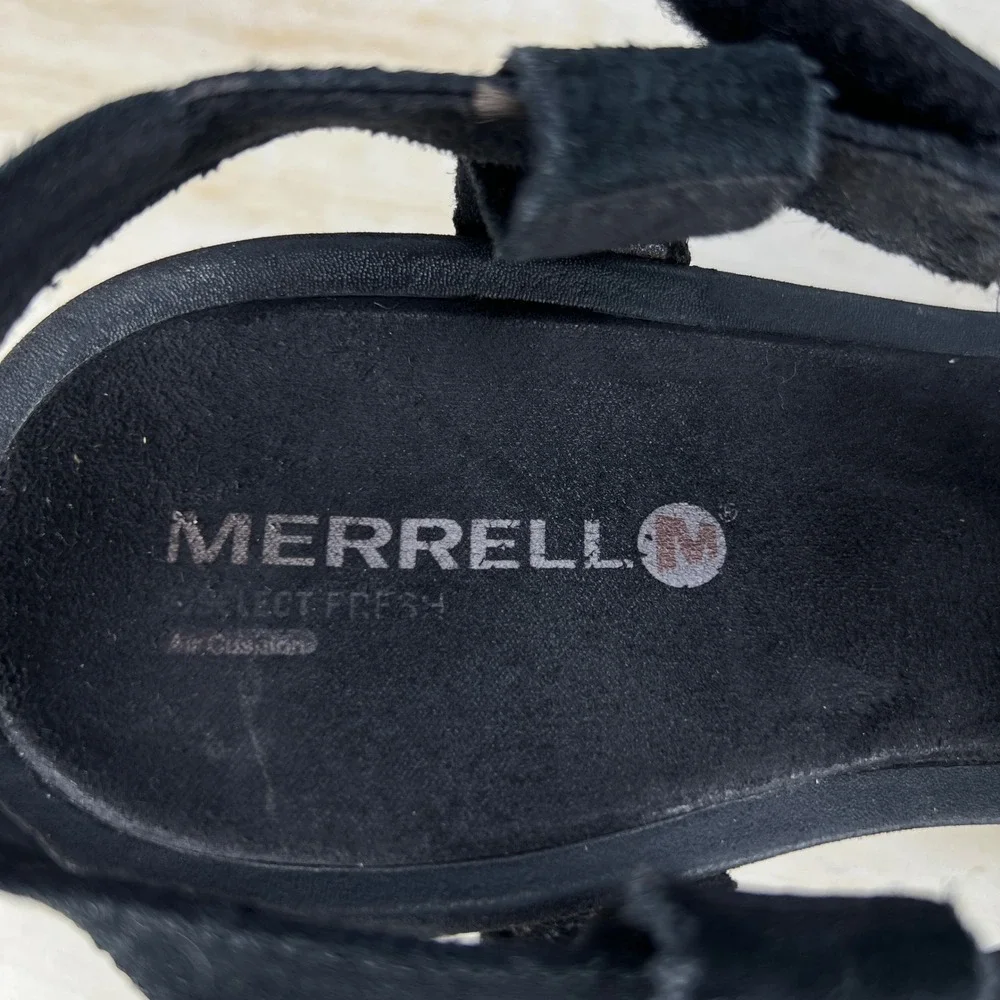 Merrell Black Suede Strappy Wedge Sandals Womens 11 M Select Grip Air Cushion